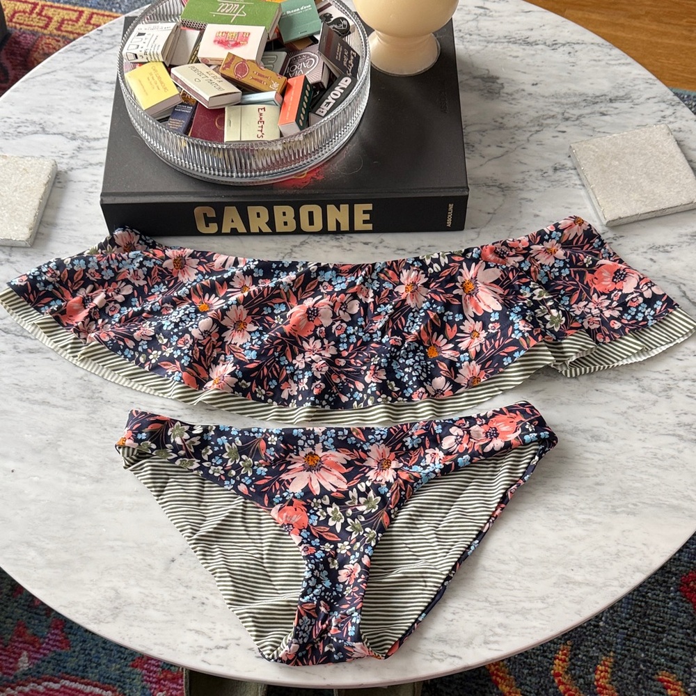 Floral Navy Ruffle Off-Shoulder Bikini Set